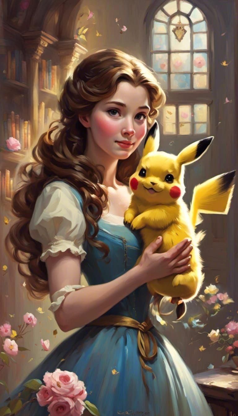 Belle and Pikachu in Disney Castle Library