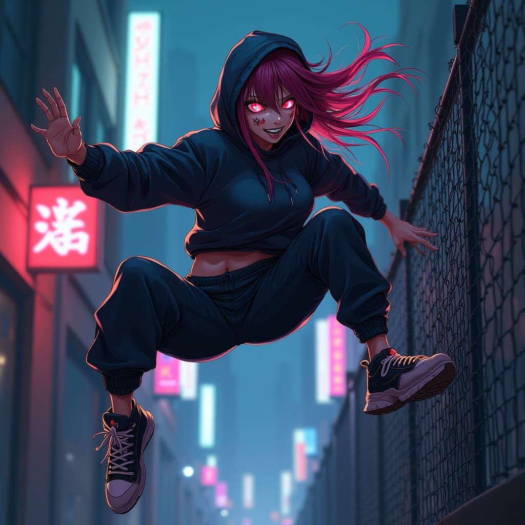 Anime Style Woman Leaping Over Fence