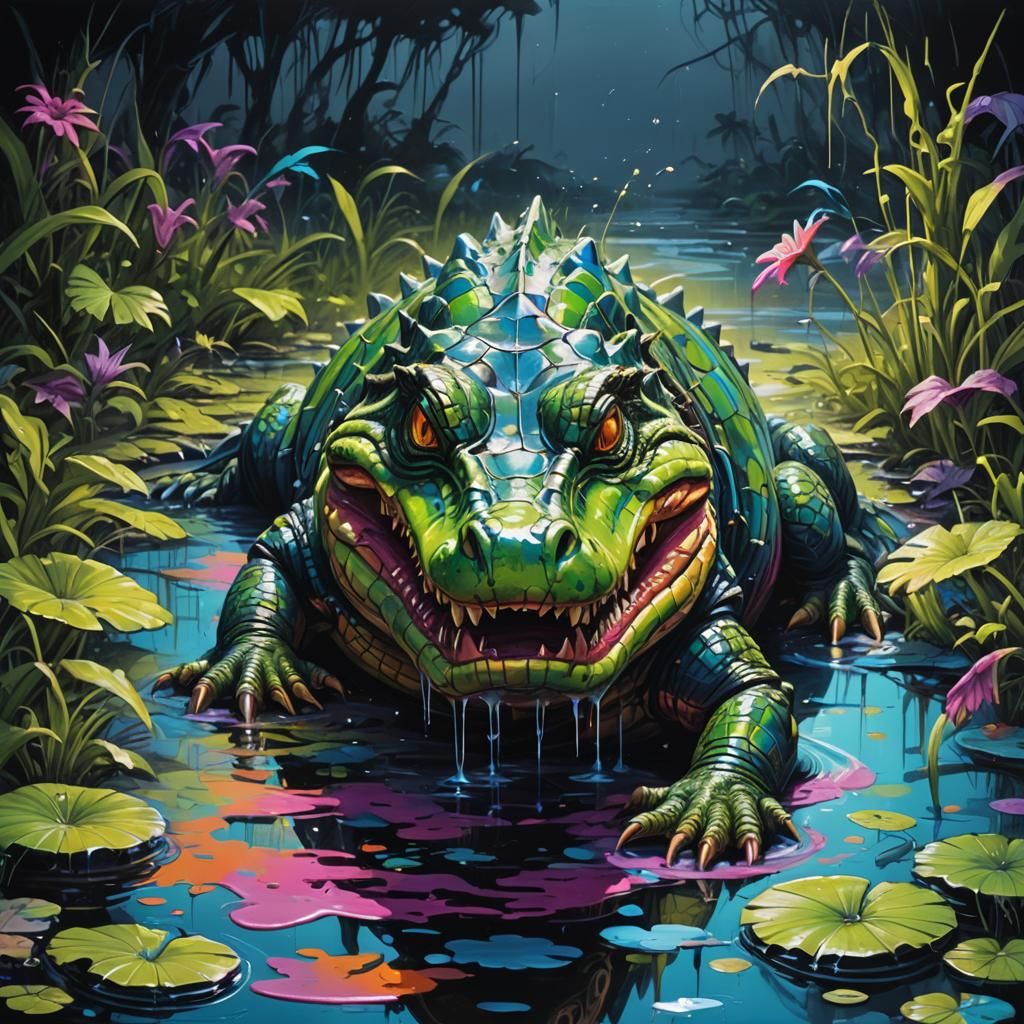 Bioluminescent Swamp Gator in Graffiti Art Style