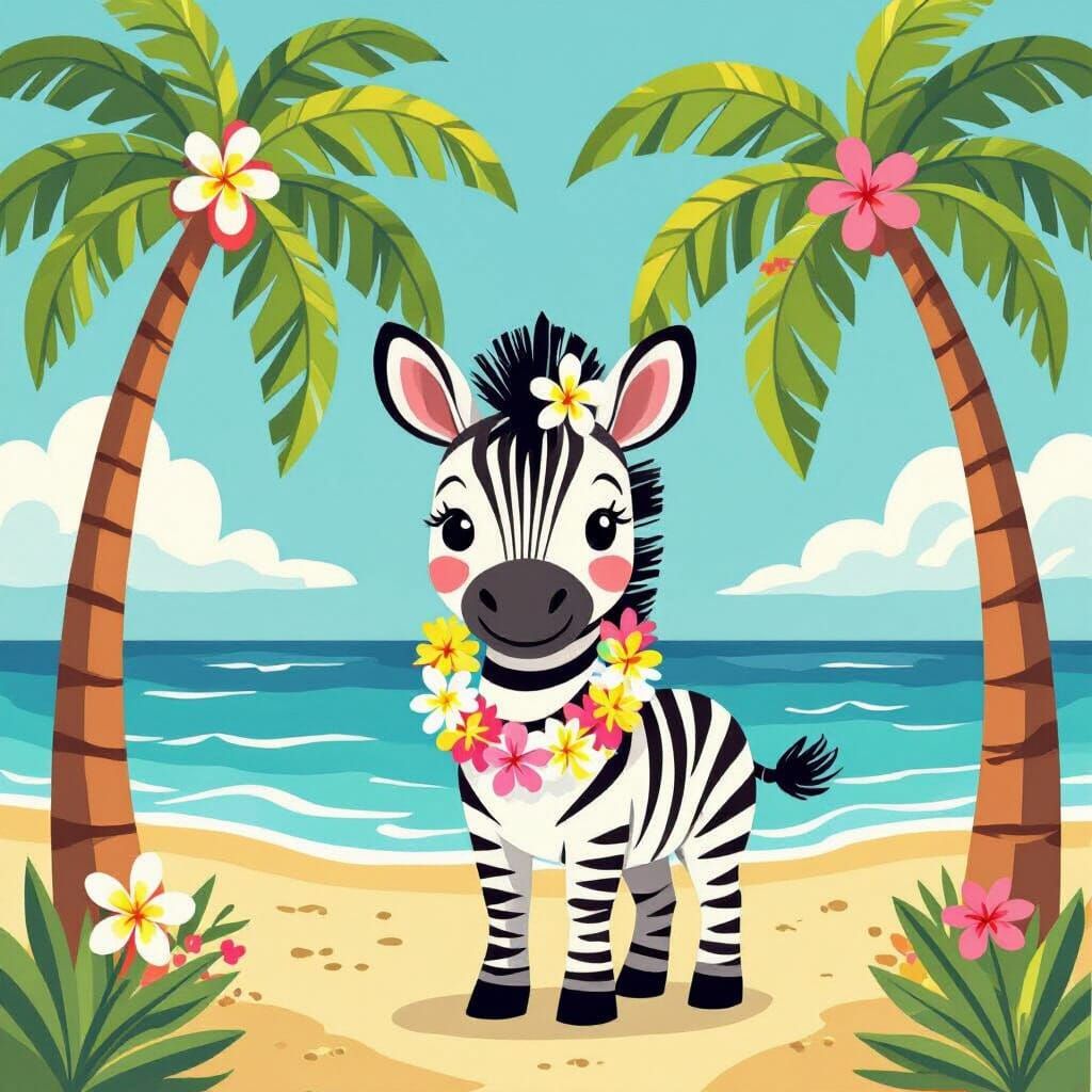 Whimsical Zebra in Hawaiian Beach Scene