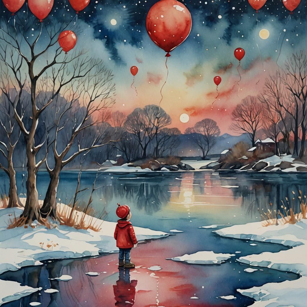Whimsical Child with Red Balloon, Watercolor Painting