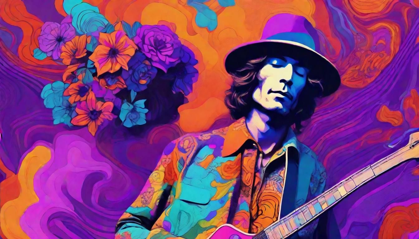 Psychedelic Rock Art Portrait of Musician with Guitar