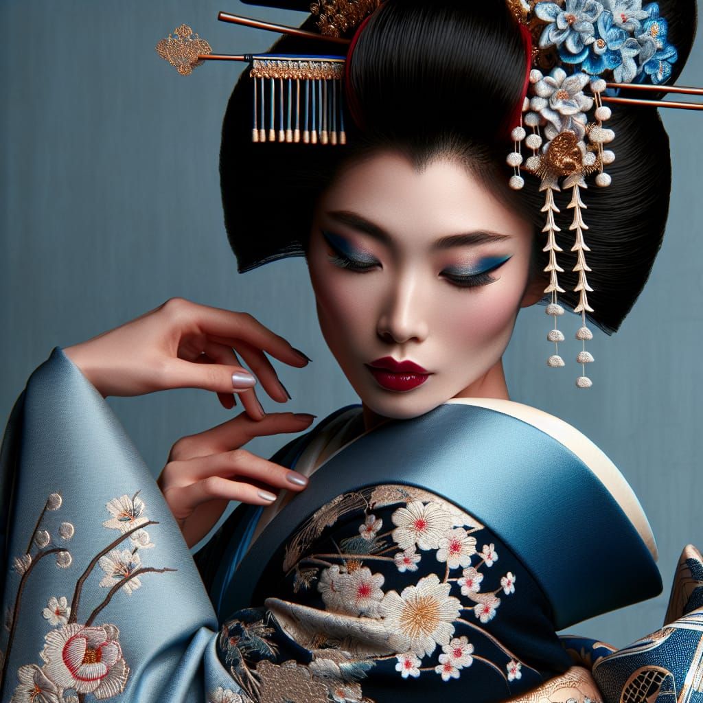Geisha in Blue Kimono with Gold Embroidery