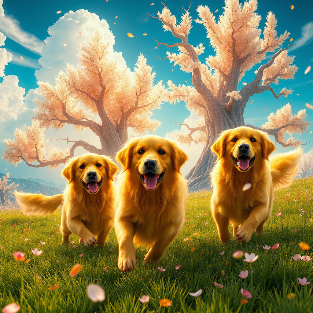 Golden Retrievers in a Crystalline Meadow