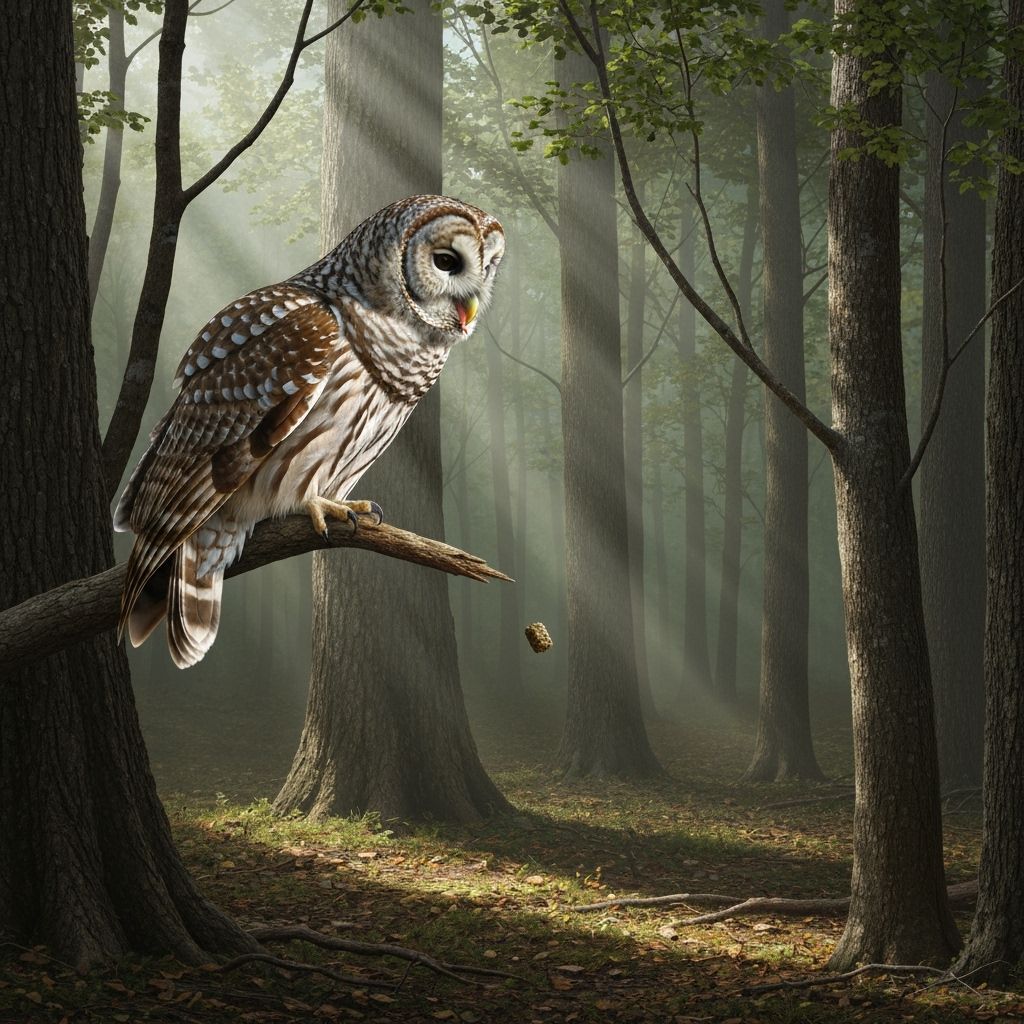 Barred Owl Coughs Pellet in Forest Digital Matte Painting