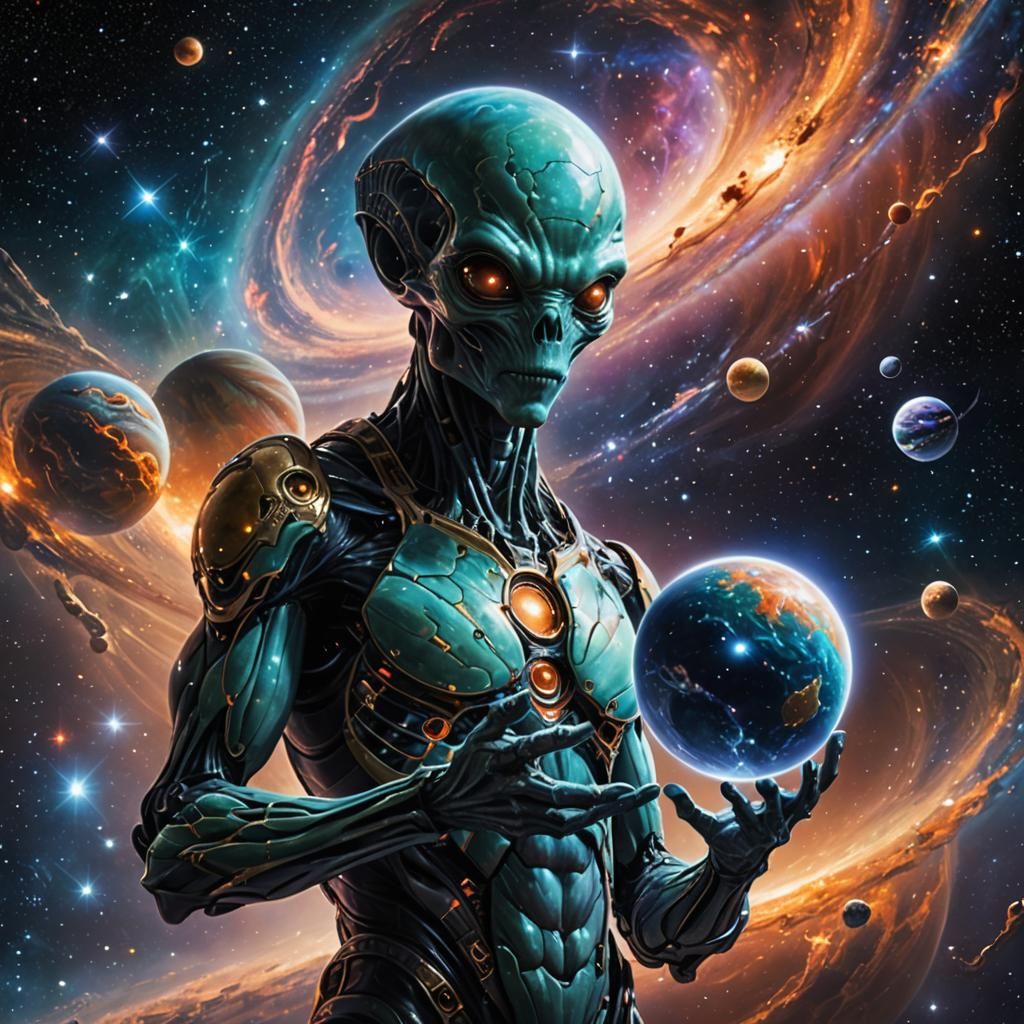 Ethereal Alien Holding a Floating Planet