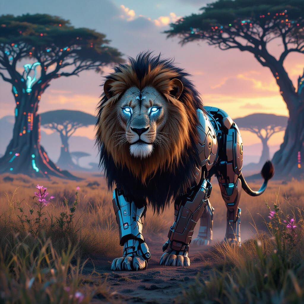 Armored Lion Prowls Cyberpunk Savanna