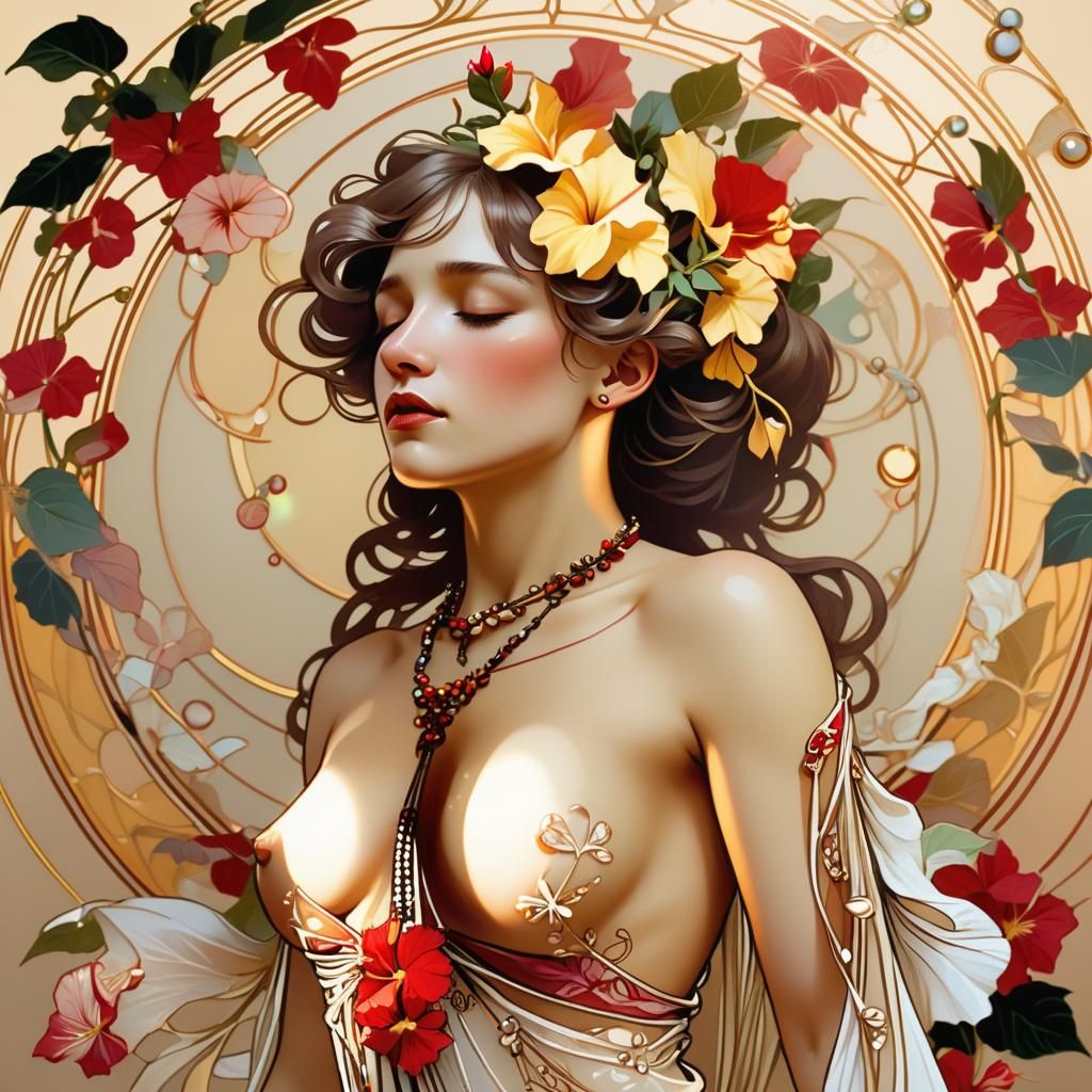 Art Nouveau Woman with Hibiscus Flowers