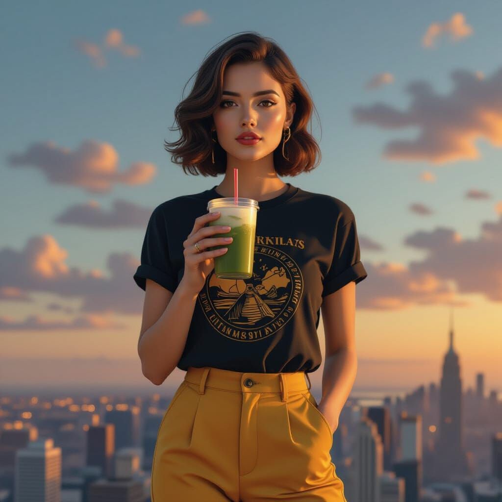 Woman in Capri Pants Drinks Iced Matcha
