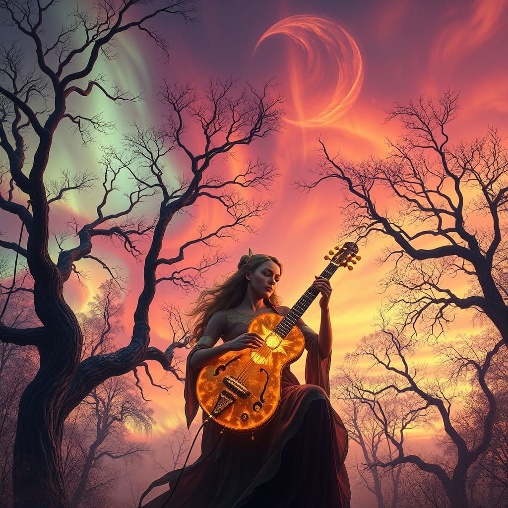 Woman Plays Glowing Instrument Amidst Autumn Boreal Sky