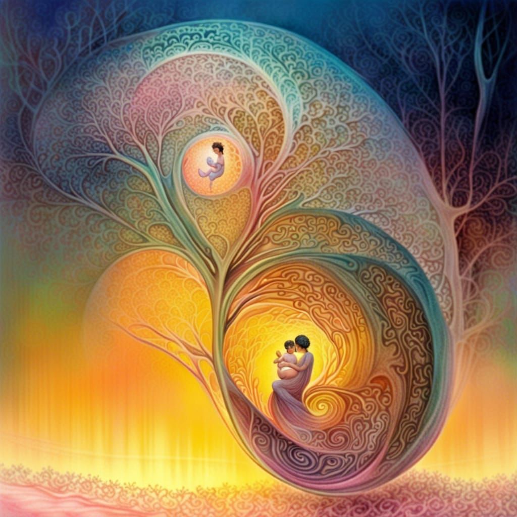 Pregnant Mother and Child in Fractal Forest