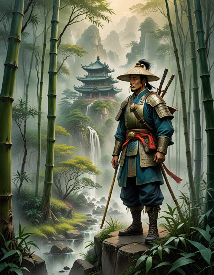 Mysterious Warrior in Ethereal Bamboo Landscape