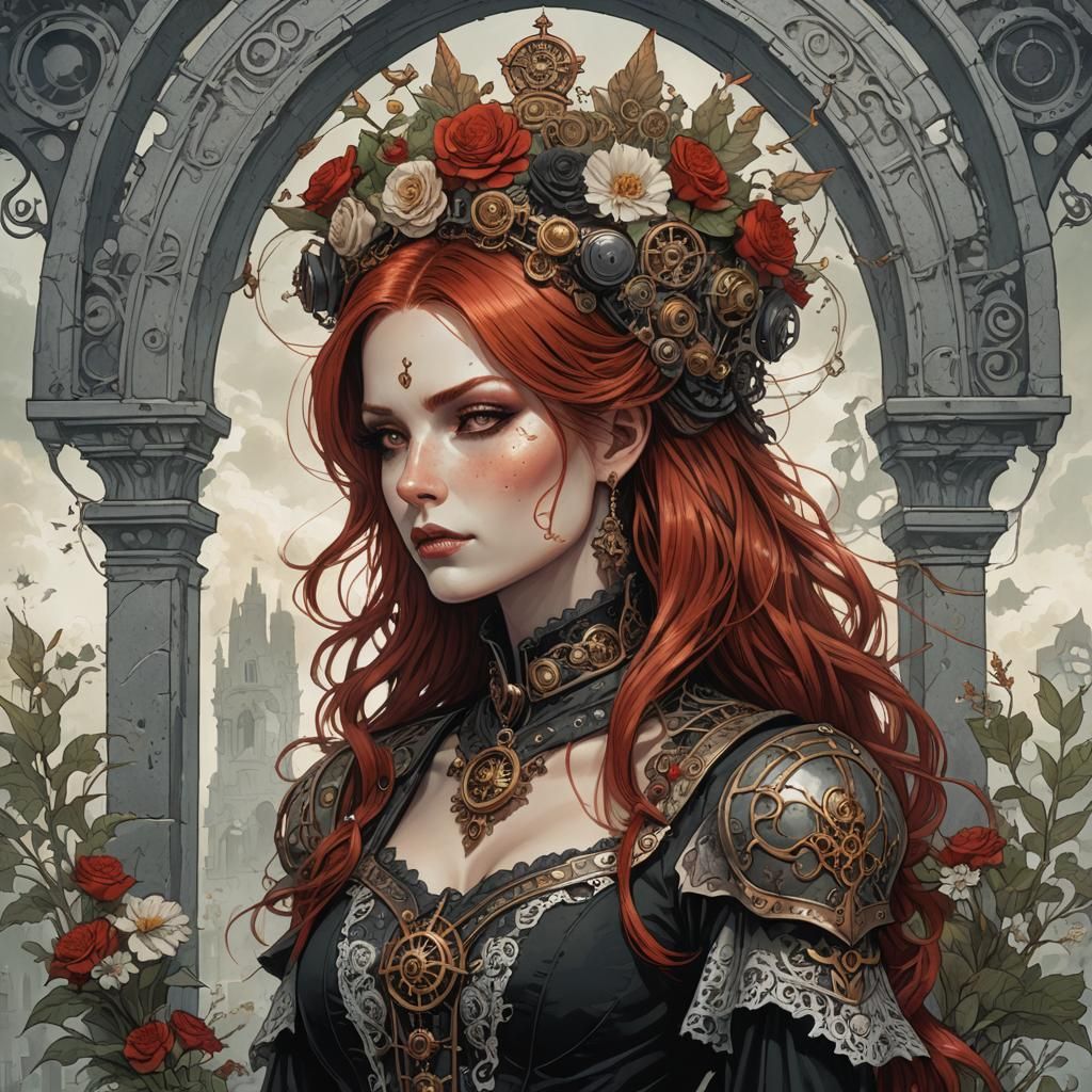Steampunk Redhead: Pale Goth Beauty with Flowers