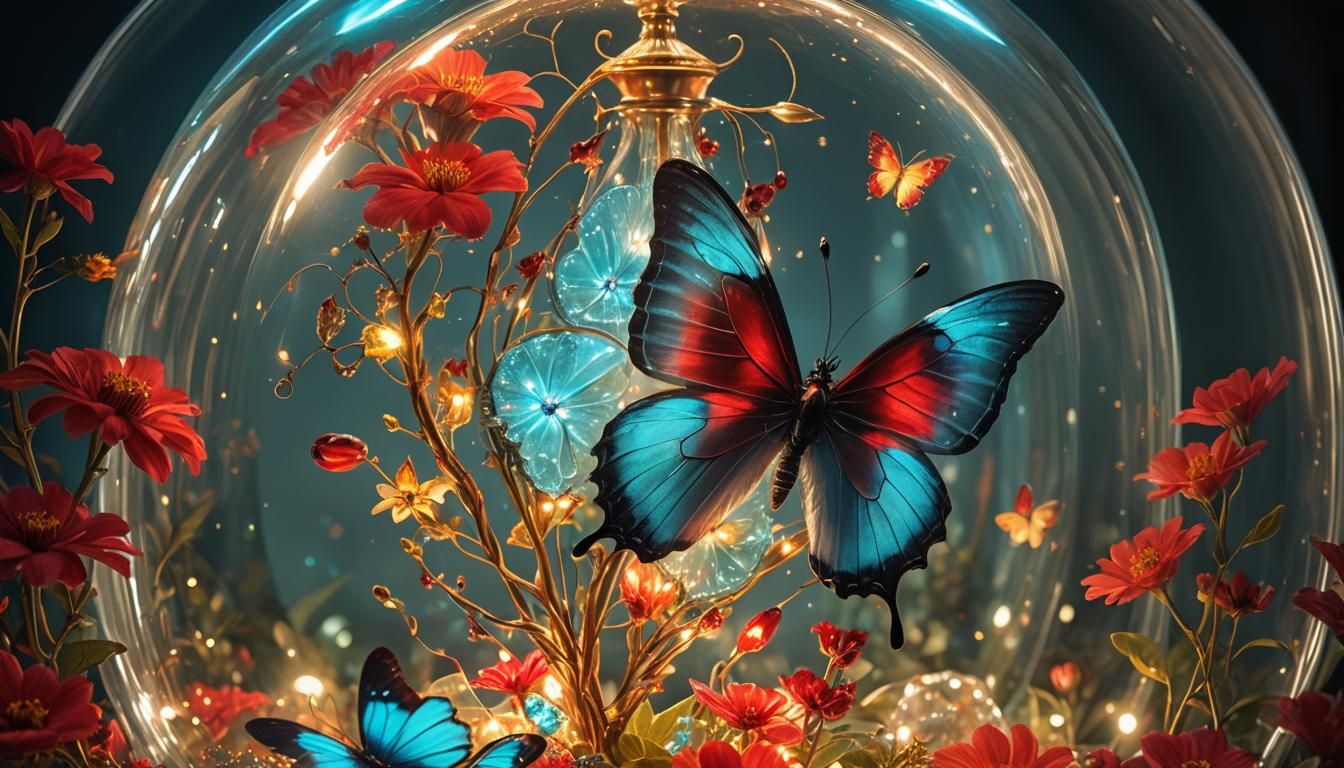 Bioluminescent Butterfly in Glass Dome: Macro Photography
