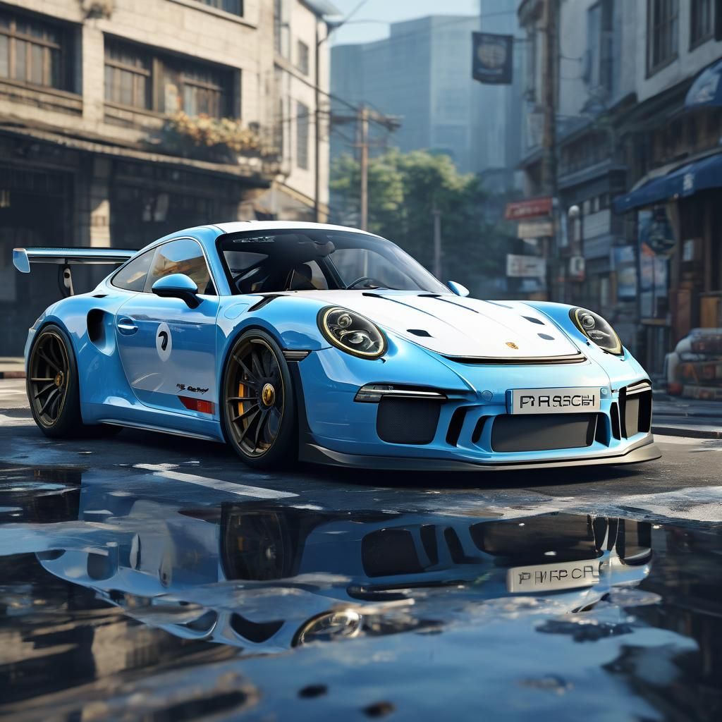 Blue and White Porsche in Anime Art Style