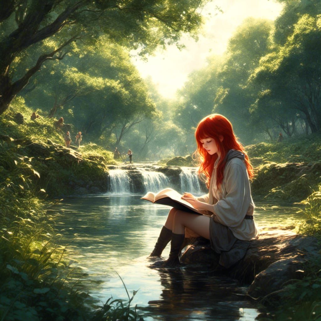 Anime Girl Reading Book by River in Watercolor Style