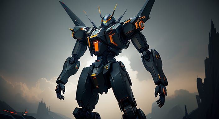 Cyberpunk Mech Unit in Epic Sci-Fi Environment