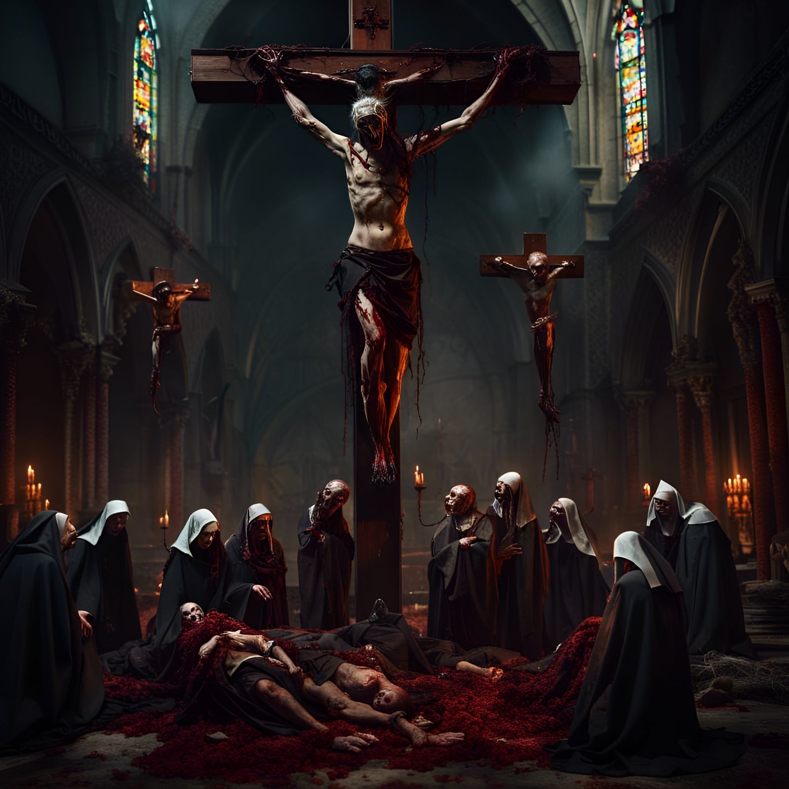 Demonic Nuns Vomiting Zombie Babies: Detailed Matte Painting
