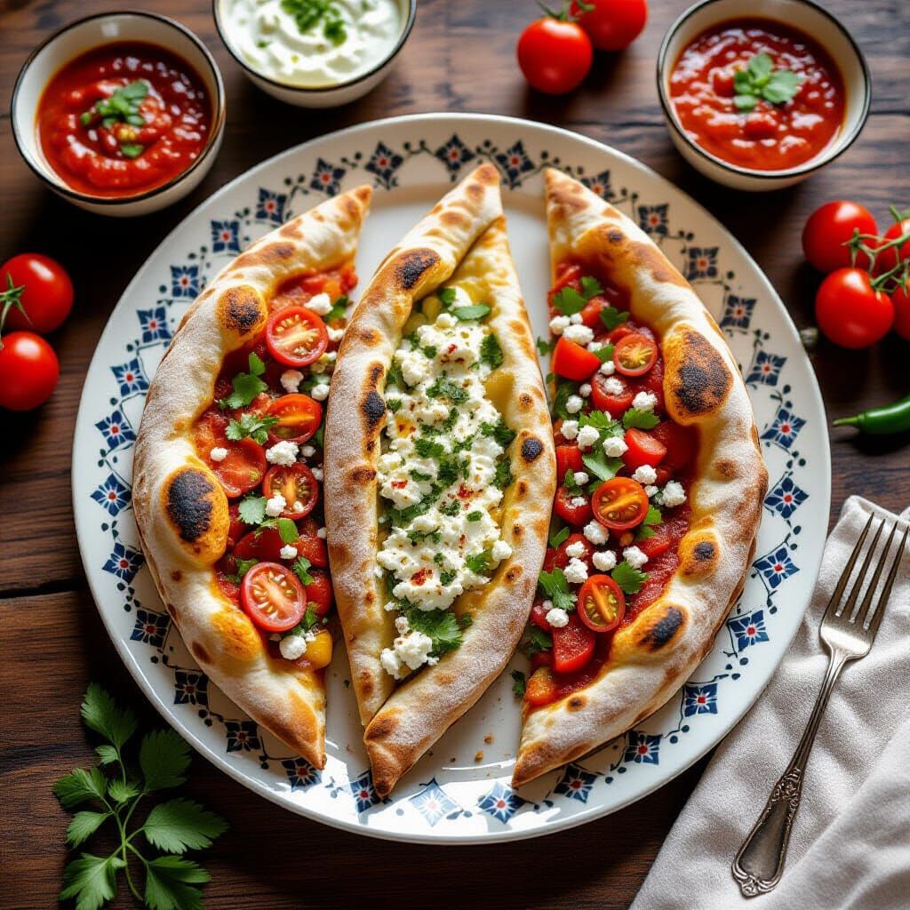 Overhead View of Turkish Pides in Natural Light
