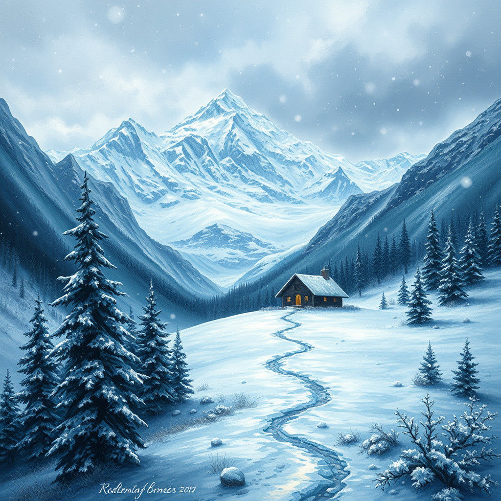 Snowy Mountain Cottage in Bob Ross Style