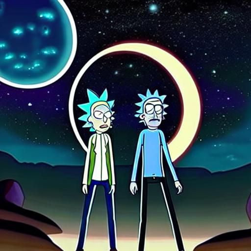 This image will depict Rick and Morty standing in front of a starry night with a moon