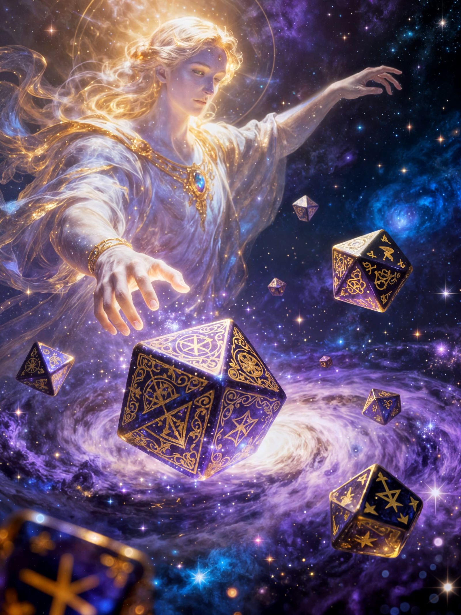 Celestial Entity Tossing Cosmic Dice in Nebula