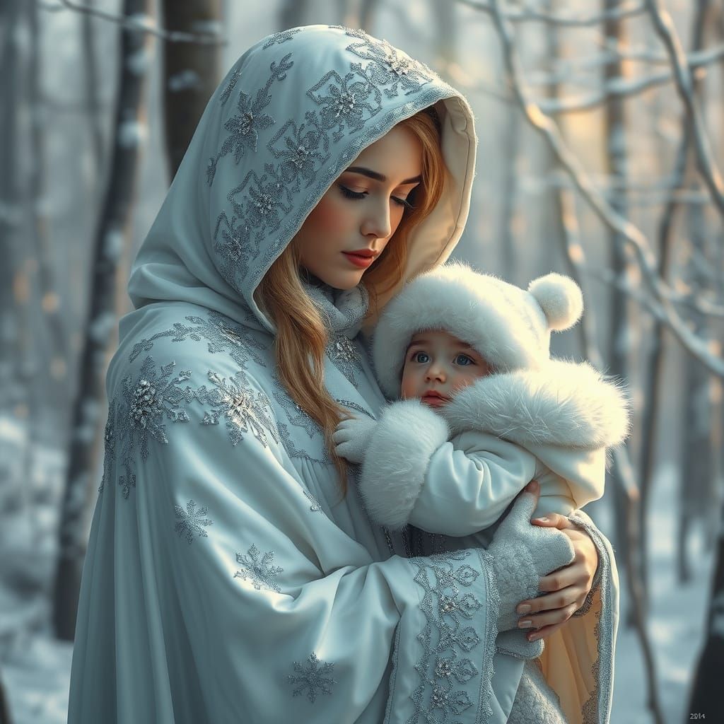 A breathtaking digital painting captures a serene mother and child in a snow-covered forest, bathed in a soft, ethereal ...