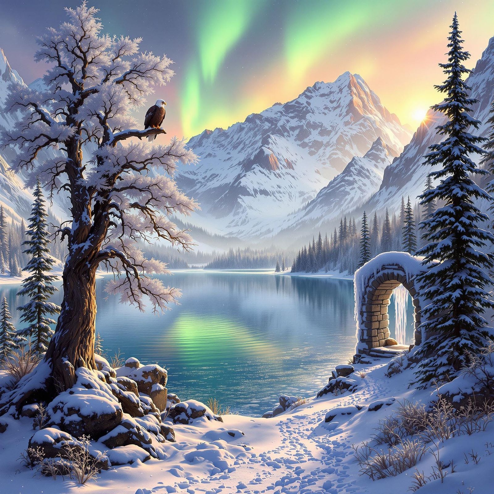 Alpine Lake Sunrise with Aurora Borealis