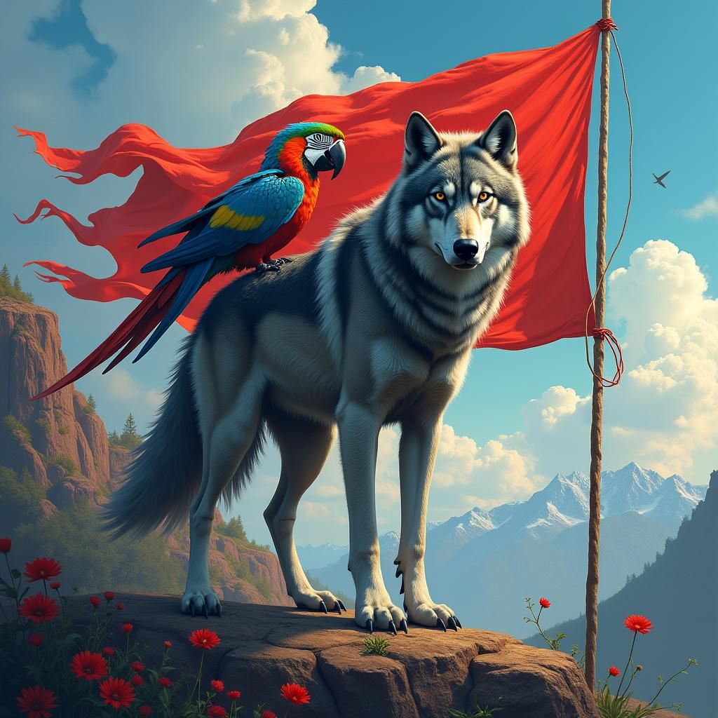 Wolf and Macaw Flag in Dreamlike Landscape