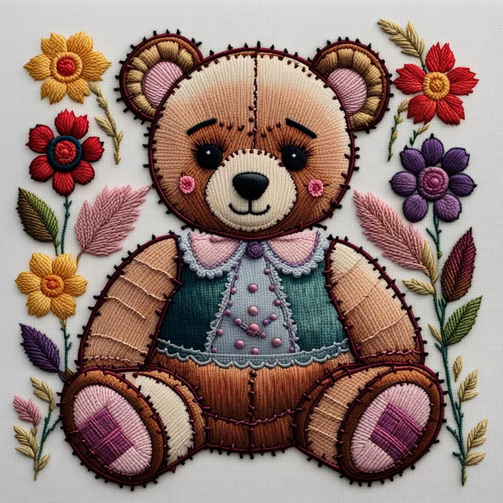 Embroidered Teddy Bear Sampler with Varied Stitches