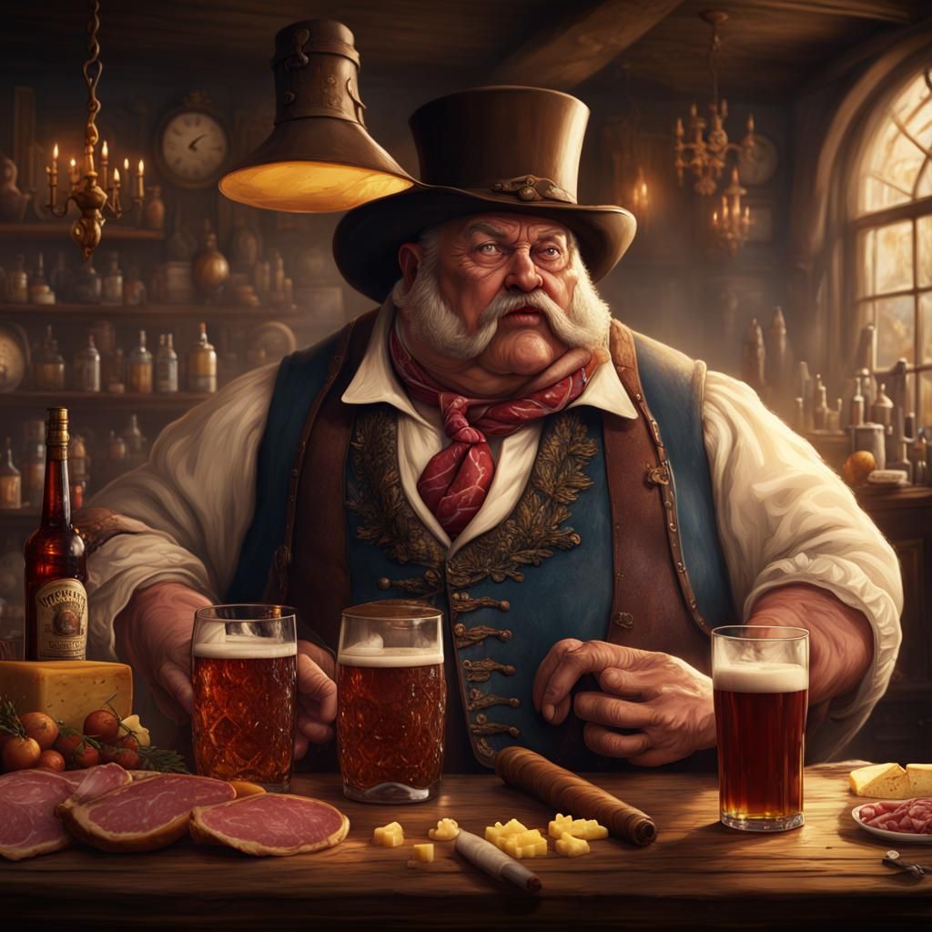 Fat Merchant Enjoying Cigar and Beer, Detailed Digital Paint...