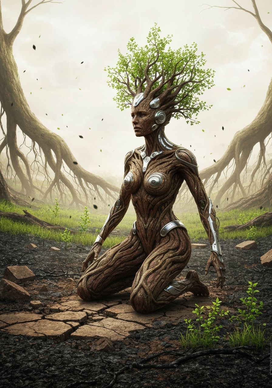 Sci-Fi Tree Woman Amidst Decaying Horizon