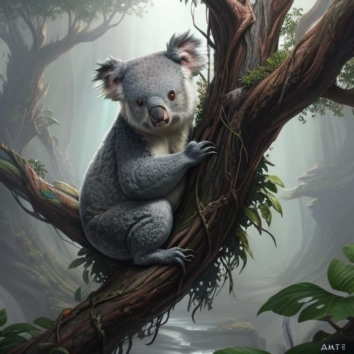 Koala in Rainbow Tree: Detailed Matte Painting