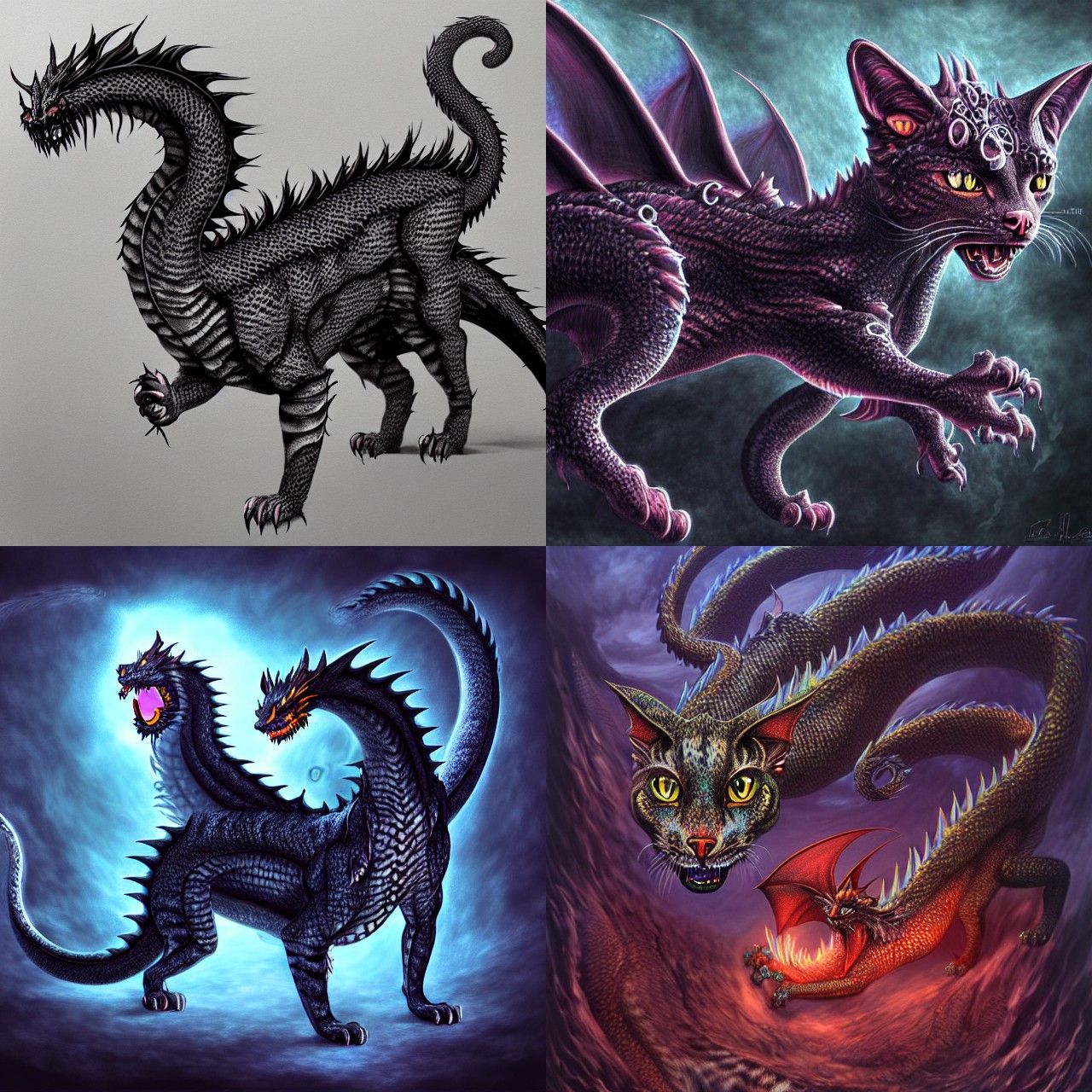 Hybrid Cat Dragon Chimera Concept Art in Acrylic Style