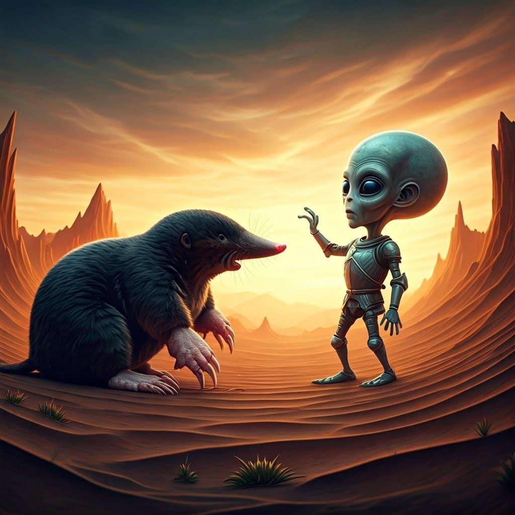 Alien Encounter with Giant Mole in Hellish Landscape