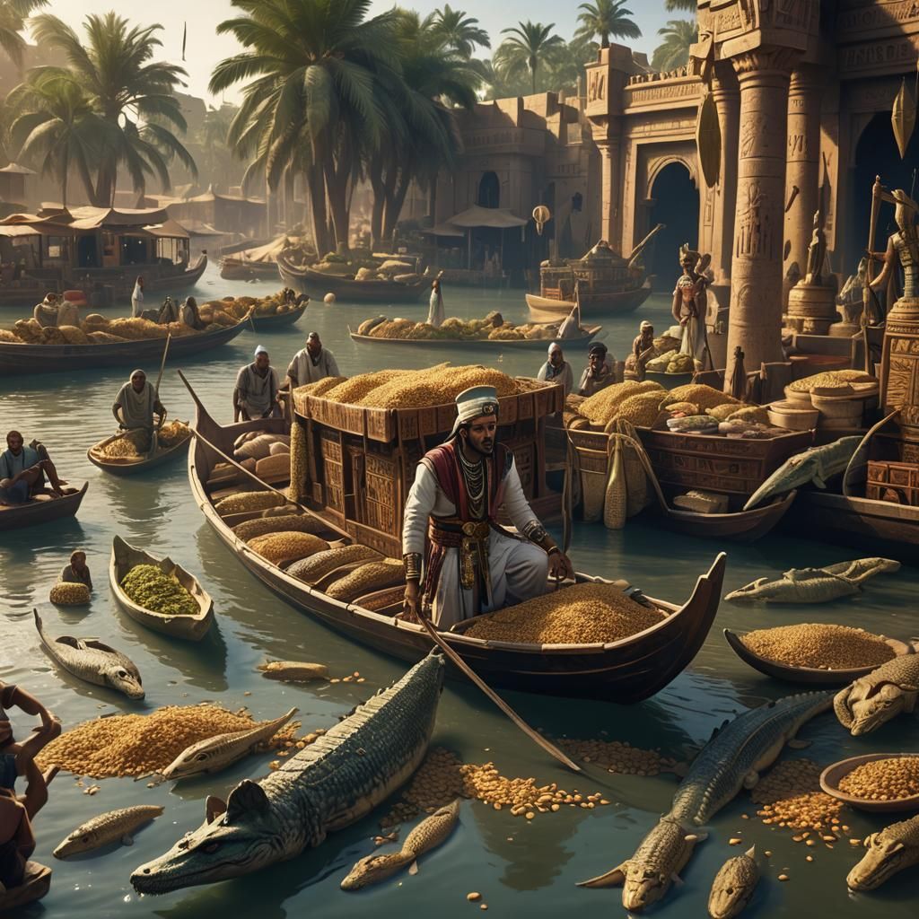 Egyptian Merchant Surrounded by Crocodiles on Nile