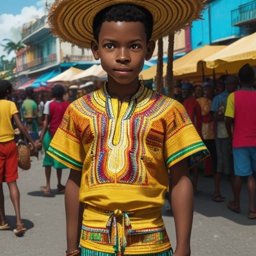 Jamaican Boy in Vibrant Market, Digital Painting