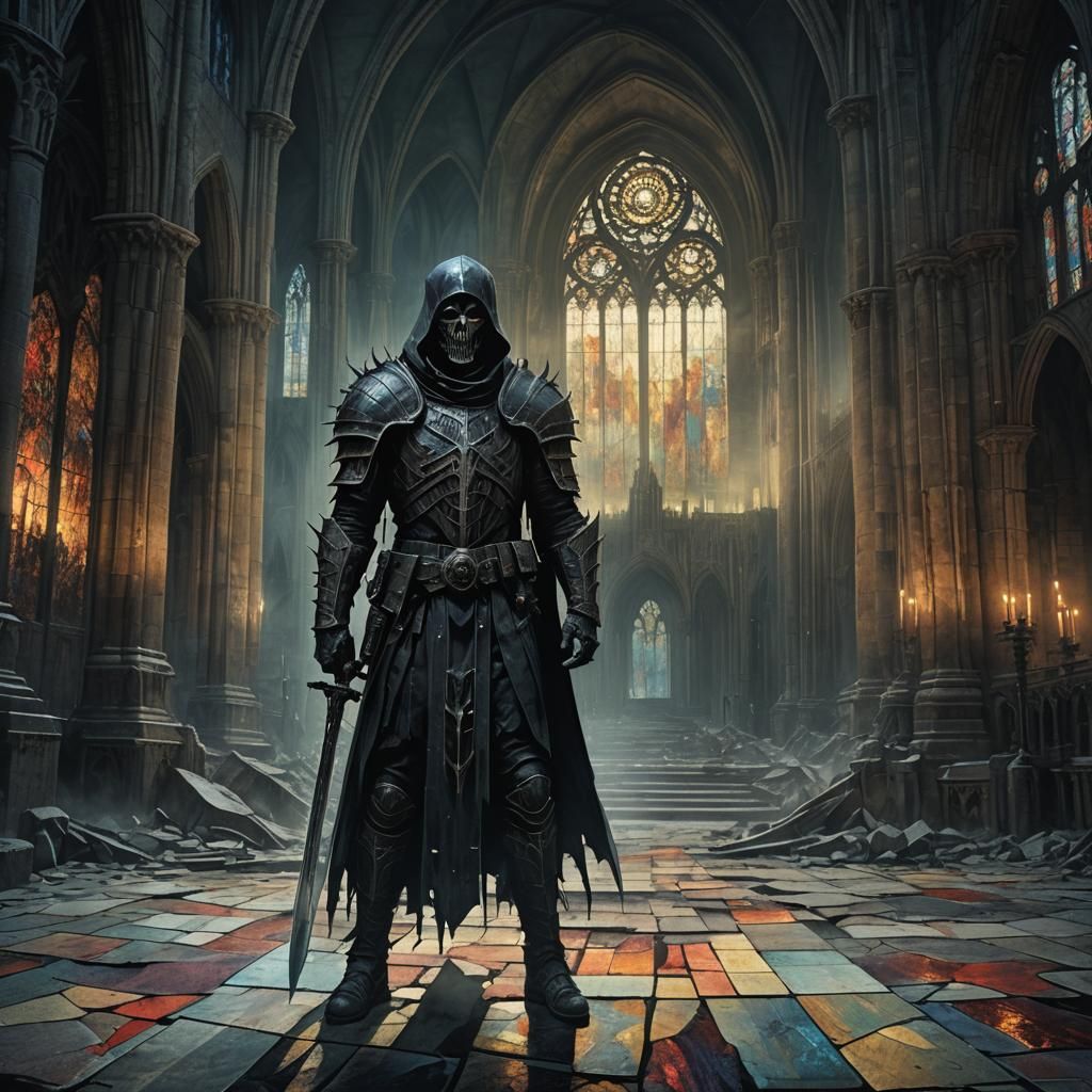 Undead Warrior in Eerie Cathedral: Dark Fantasy Art