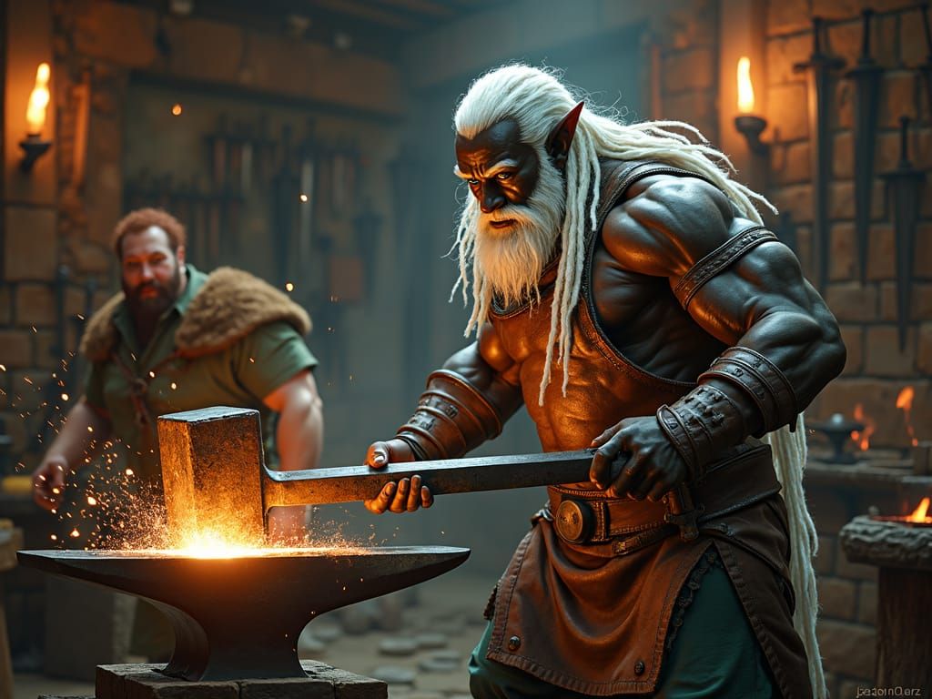 High Elf Blacksmith Forging a Sword