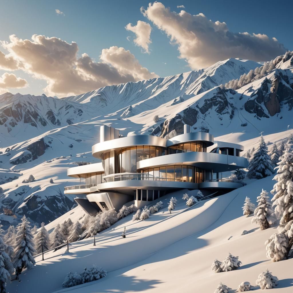 Futuristic Silver Villa on Snowy Mountain Peak