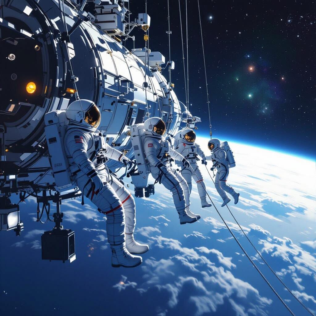 Astronauts Tethered in Deep Space Near Station