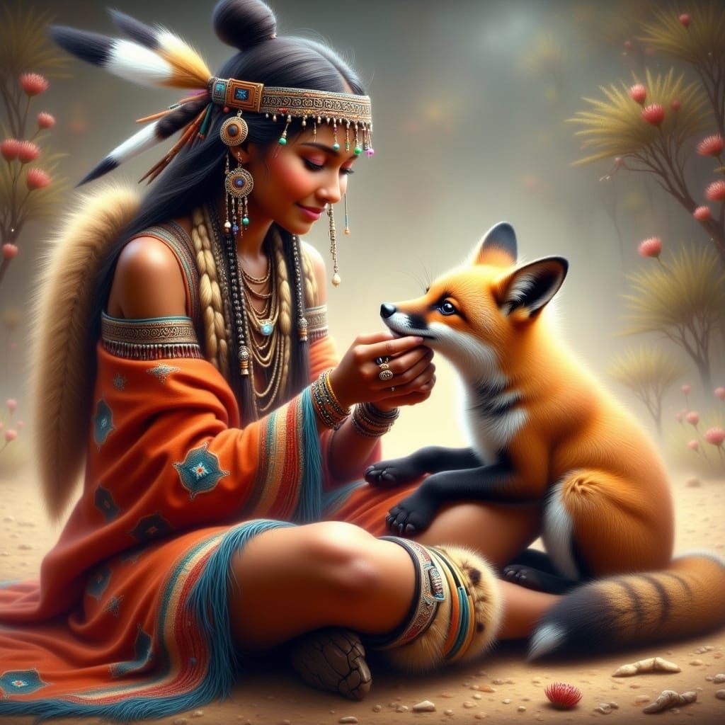 Native American Warrior and Fox Cub in Fantasy Style