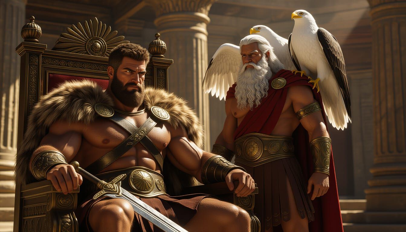 Hercules on Throne with Zeus in Hyperrealistic Style