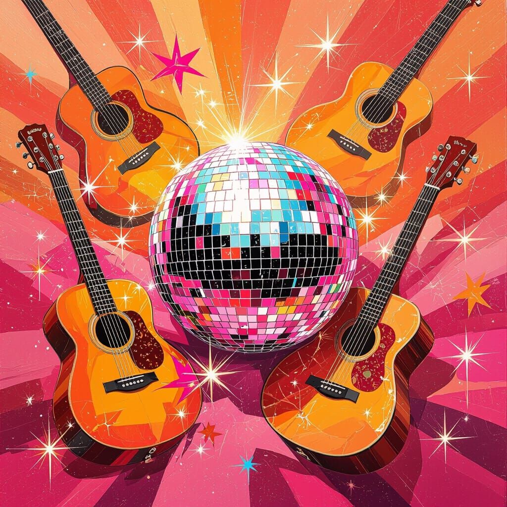 Pink and Orange Disco Ball Guitar Bows, Gouache Painting