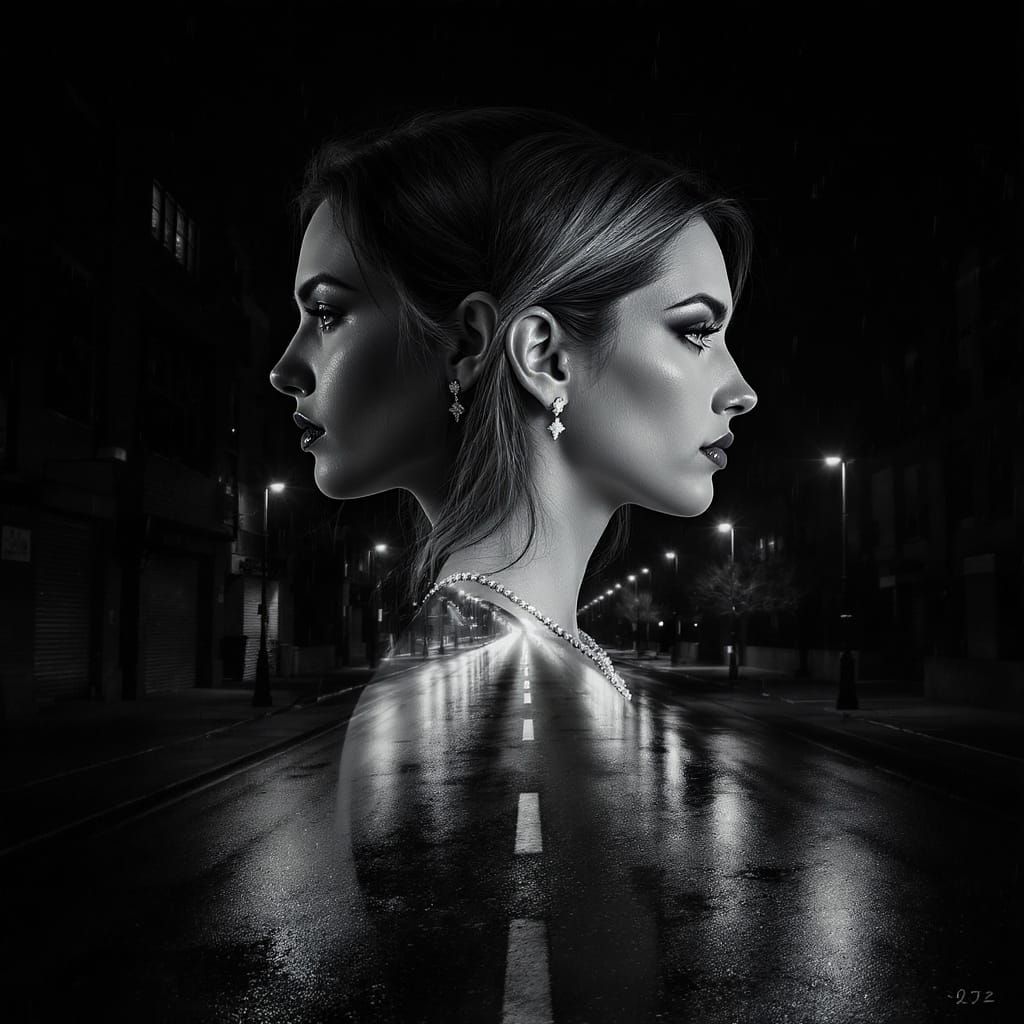 The image is a black - and - white photographic double exposure. The scene depicts a nighttime urban street with a long,...