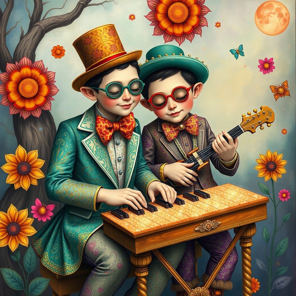 Whimsical Musical Brothers in Vibrant Folk-Art Style