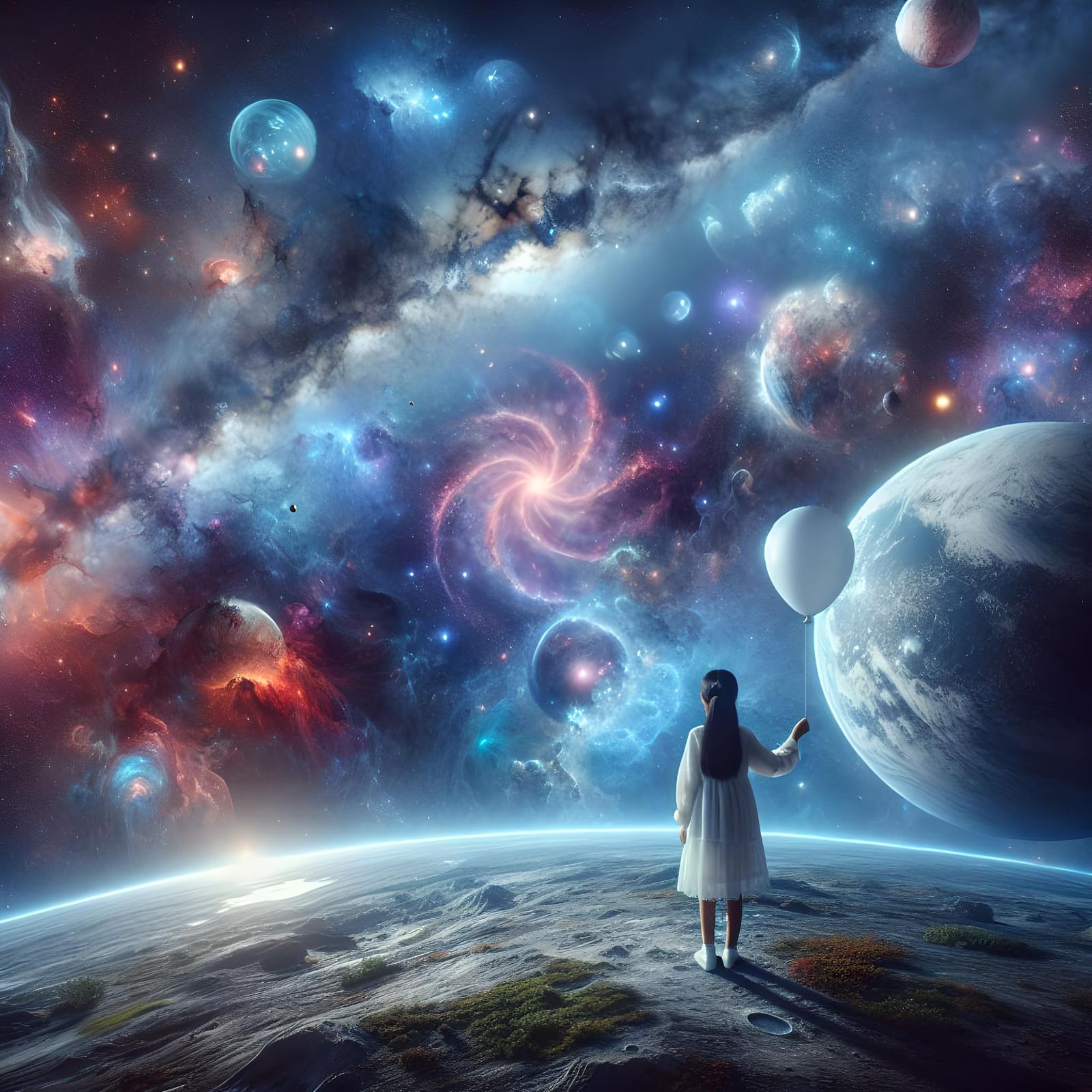 Girl with Balloon on Cosmic Planet in Space