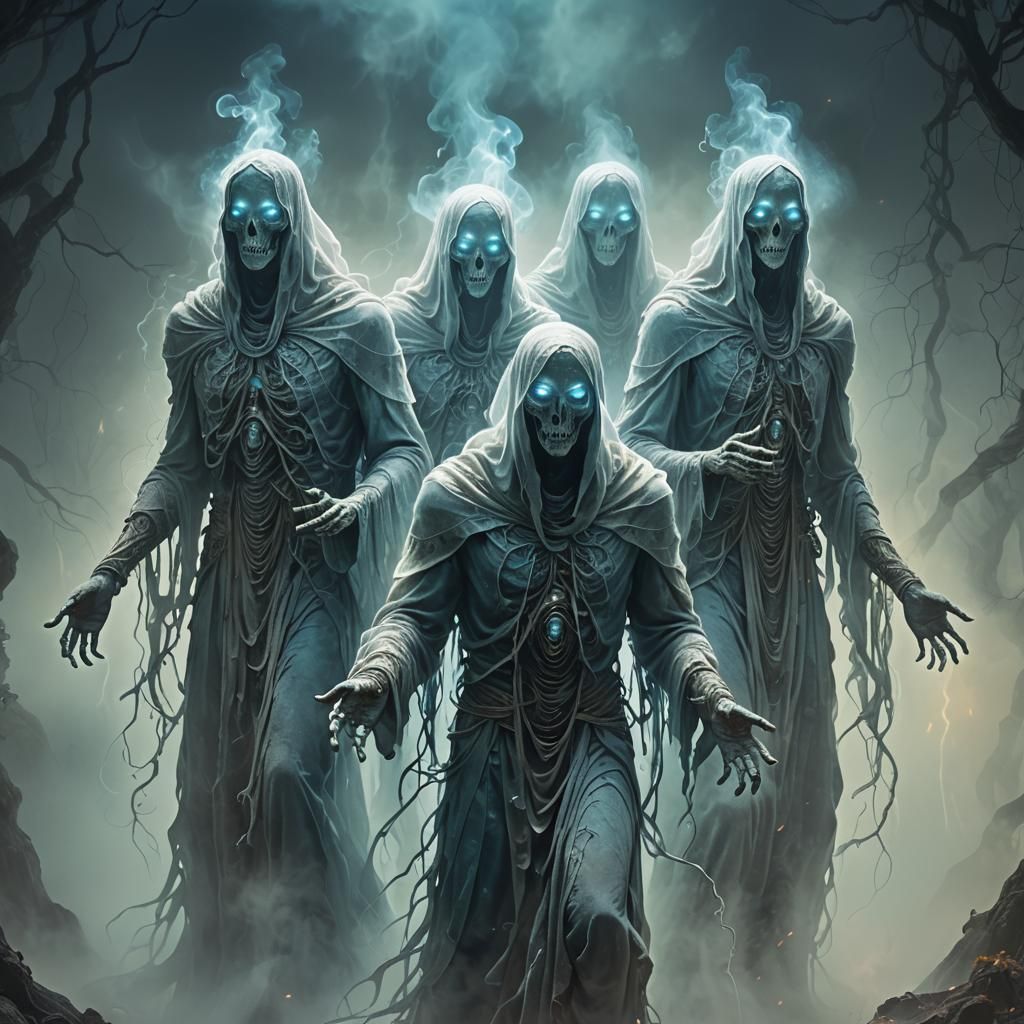 Mystical Three-Headed Ghost in Misty Atmosphere