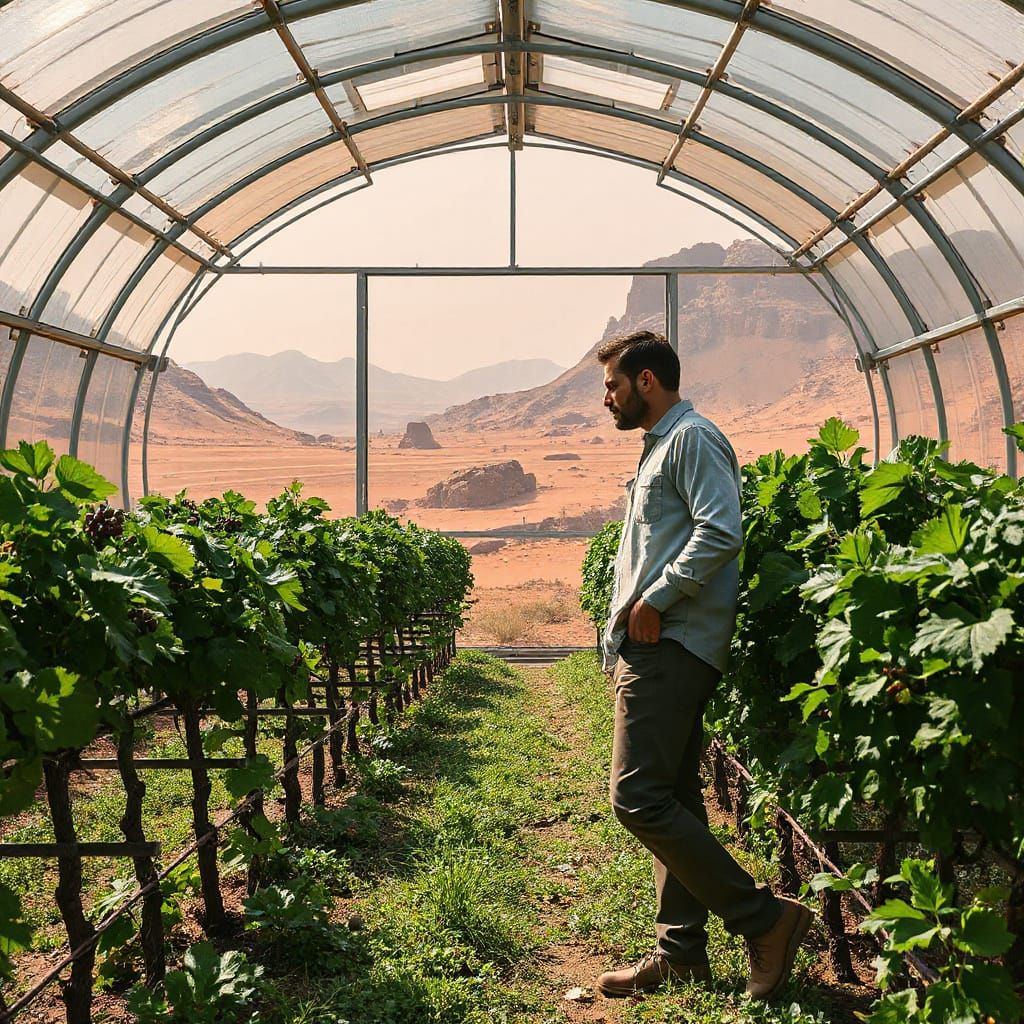 Mars Colonist Inspects Thriving Vineyard in Futuristic Green...