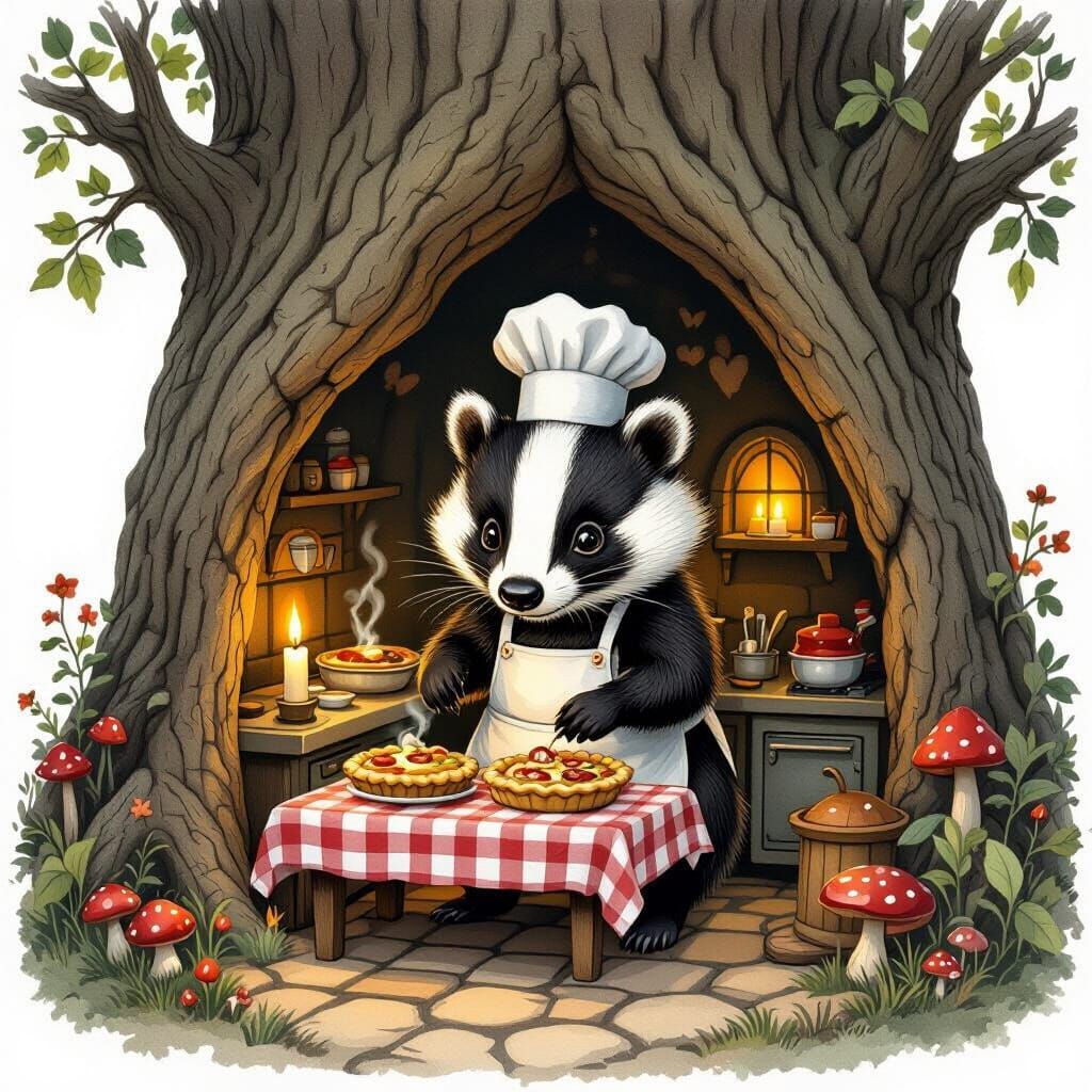 Badger Chef in Enchanted Kitchen - Storybook Illustration